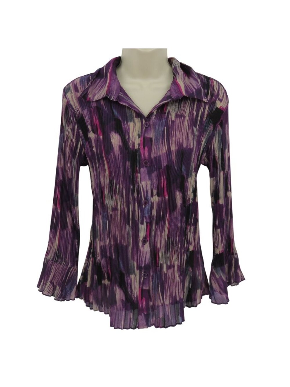SereNade Women Medium Purple Watercolor Sheer Crinkle Puckered Button Shirt Top